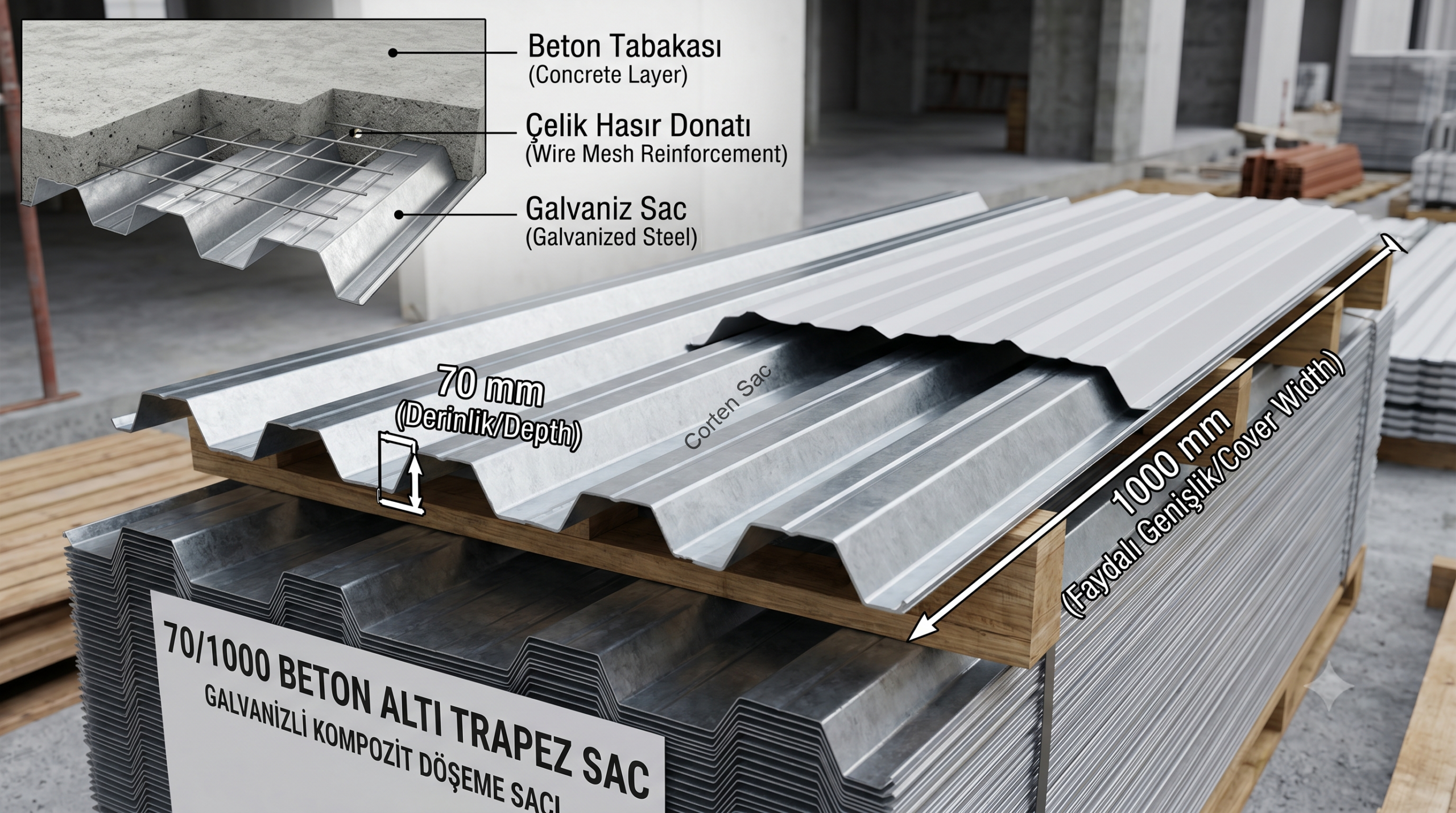 70/1000 beton altı trapez sac taşıma kapasitesi ve açıklık değerlendirmesi