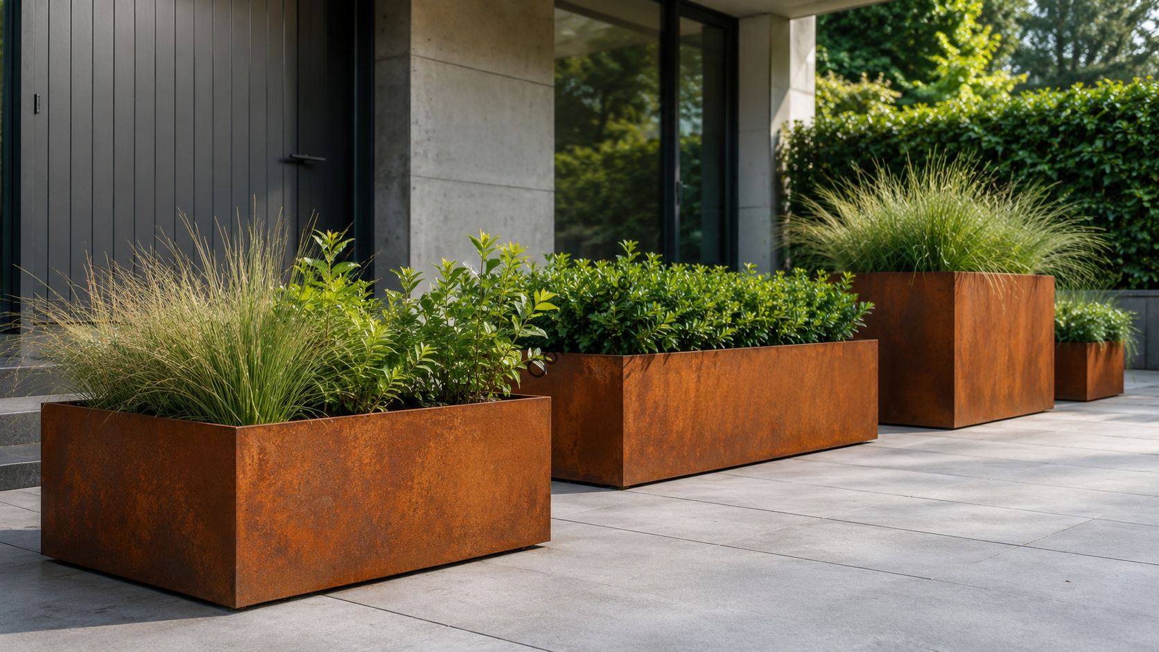 Corten çelik saksı patina yüzeyi ve doğal pas dokusu