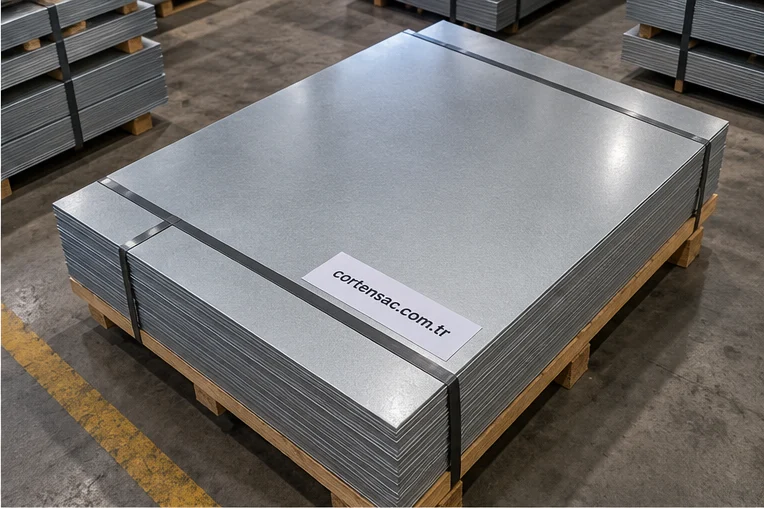 Galvaniz Sac 2 Galvaniz sac plakaları, paletli stokta cortensac.com.tr etiketiyle